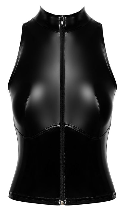 Noir - Αμάνικο Στενό Τοπ Με Όρθιο Γιακά - Handmade Zipped top Glam F324 vinyl and wetlook - Μαύρο